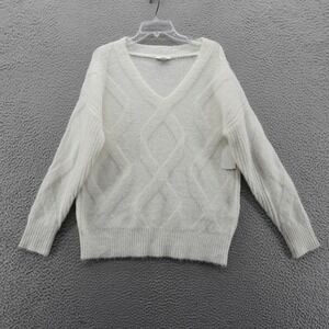 Topshop Cream Cable Knit Fuzzy V Neck Sweater Womens‎ XS NEW
